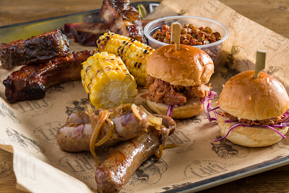 Ribs, pork sausages and pulled-pork sliders